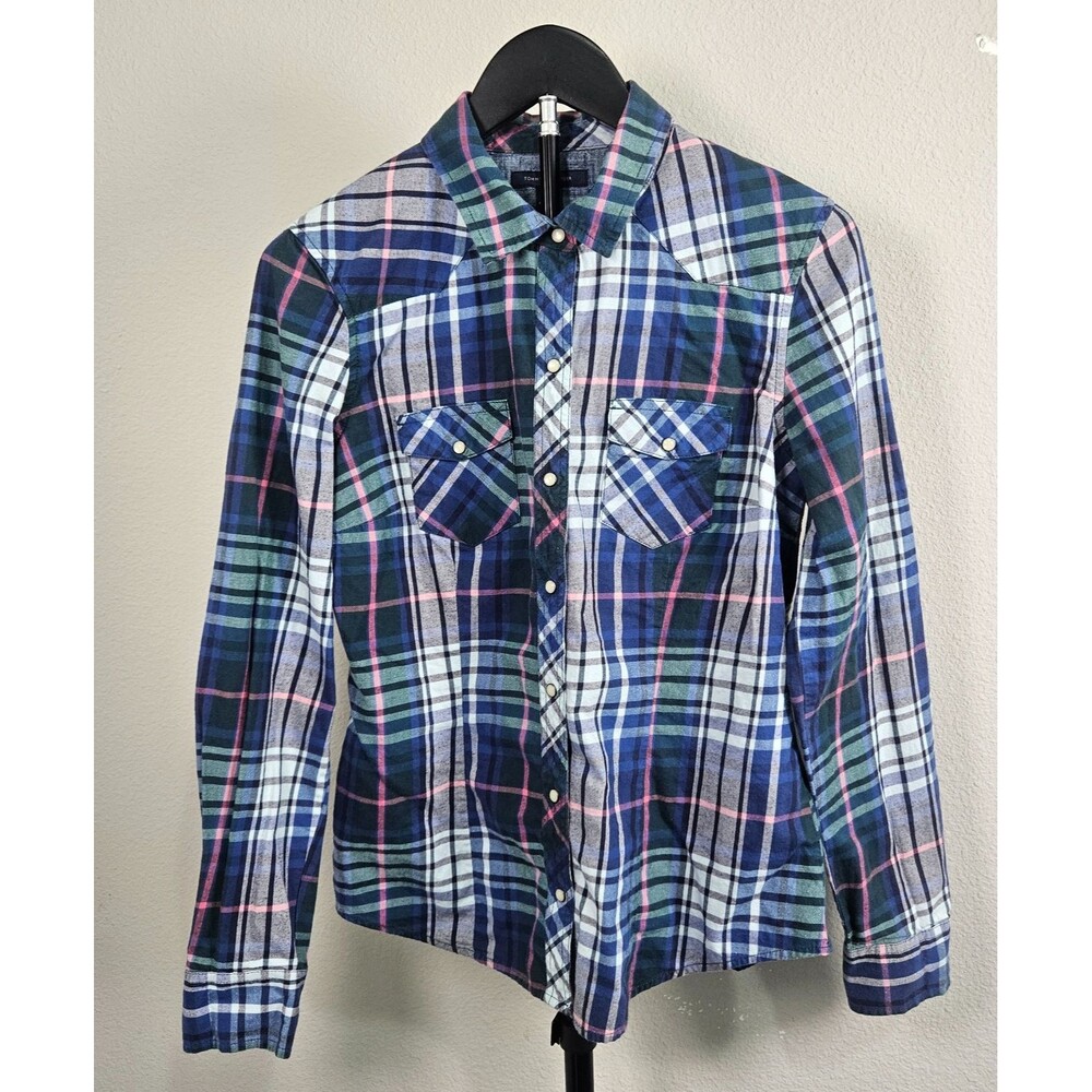 Tommy Hilfiger Women's Plaid Western Shirt Medium Blue Pink Snap Front Cotton